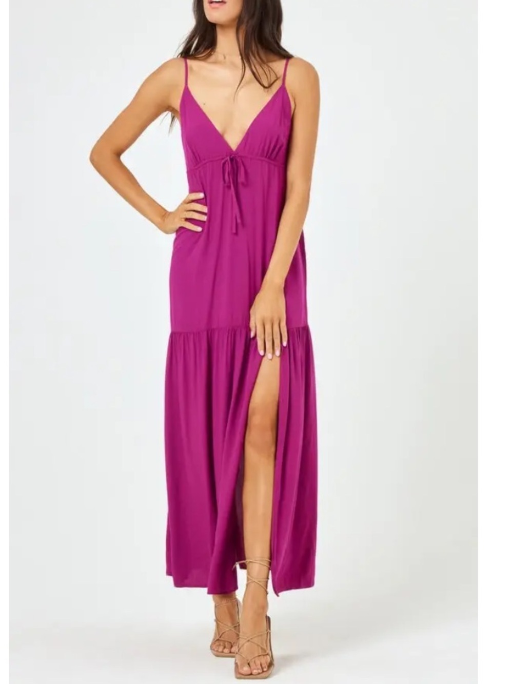 LSPACE Victoria drawstring Slip V-Neck Maxi Dress Fuchsia empire waist NWT L